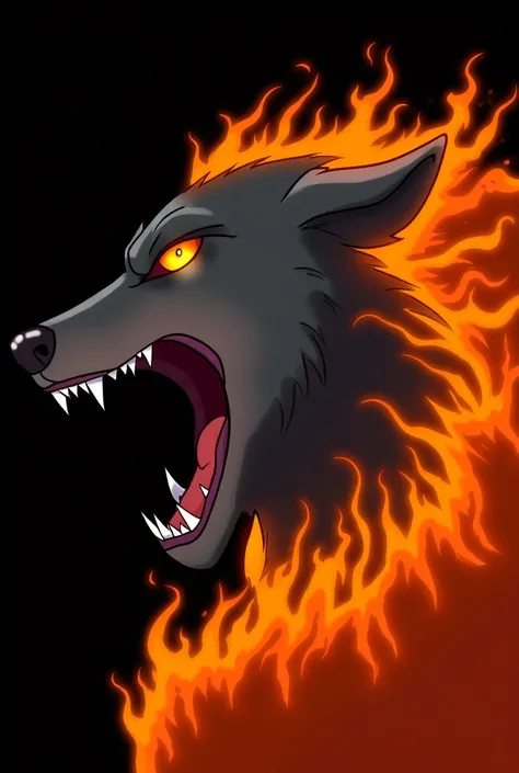 The image is a digital illustration of a wolf's head and neck, with its mouth open wide, as if it is roaring or roaring. The wolf's fur is a dark grey color, and its eyes are a bright orange. The background is black, and the wolf's body is covered in flame...