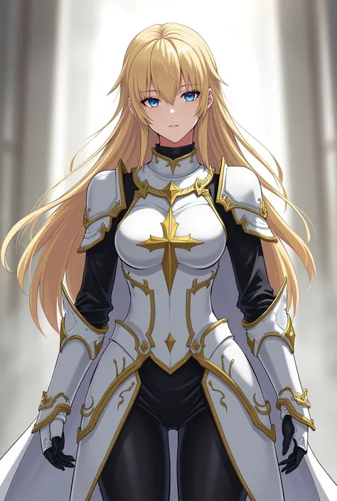 mature woman, adult woman, long blonde hair, blue eyes, black pupils, bang in front of forehead, white knight female armor, black undershirt, black leggings, gold cross on chest plate, anime