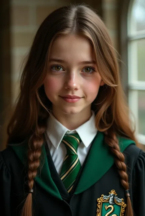 An  girl with smooth and very well-groomed light brown hair.  Her eyes are light brown and her gaze is intense , always watching .  She has an air of superiority and confidence , with an upright posture and a subtle smile . Using Slytherin robes