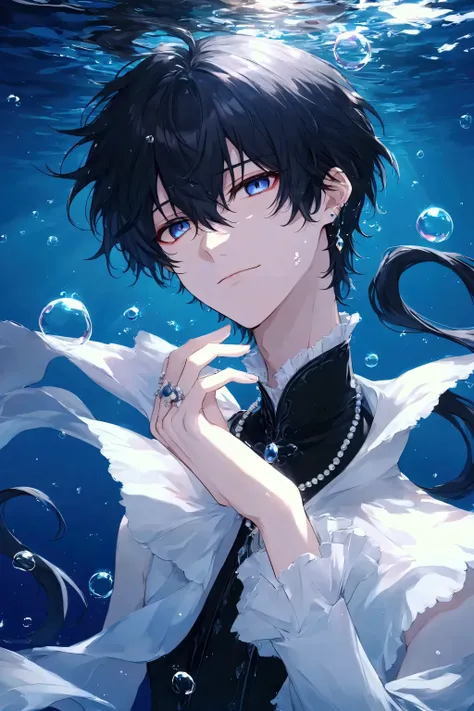 "A breathtaking, ultra-detailed anime illustration of a lone male character with a sorrowful smile and in his deep blue eyes. His shimmering black hair glistens like a rare black pearl, reflecting the mysterious depths of the ocean. He wears an elegant dar...