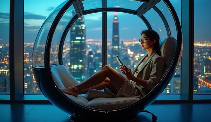 Smooth Quality - A futuristic. sense of charm and elegance. Studio quality lighting and composition. beauty sexy american  women in his 20s, 1girl,score_9, score_8_up, score_7_up, row photo,Interior of high-rise building, clear view of skyscraper night vie...