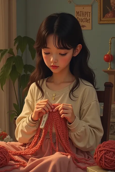 Add the text Mi Thet Crochet in front of the girl. A girl is knitting