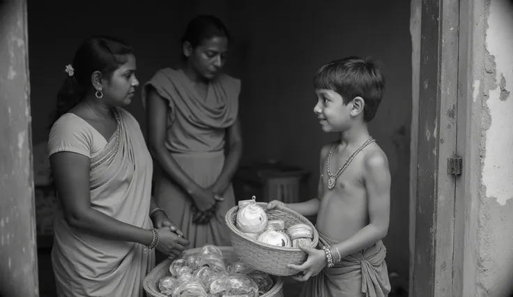 A black and white vintage-style photograph of a 16-17-year-old Indian boy selling products to his family members. The scene looks old and historic, with grainy texture, slight blur, and faded edges, resembling a very old photograph. The boy is dressed in t...