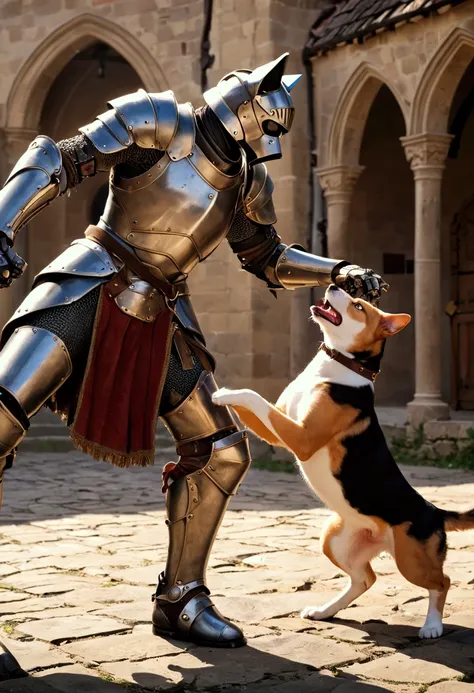 a cat in medieval armor fighting a cyborg dog