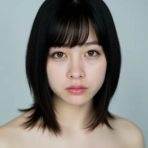 kanna, The image is a photograph of a young Asian woman, kanna, with a fair complexion and straight, shoulder-length black hair that appears slightly damp, suggesting she might have just showered or applied a moisturizing product. Her Her has long brown ha...