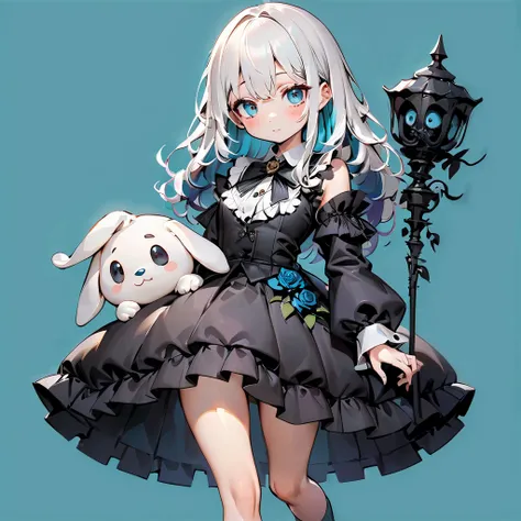 Beauty、Cyan Background、 Black clothes  、 pretty face、Baby Face、((( detailed eyes 、 droopy eyes )))、 long sleeve with flared cuffs 、Shoulder out、 one-piece flared skirt 、 holding a stuffed rabbit in one hand、black and light blue socks 、Gothic Shoes、 facing ...