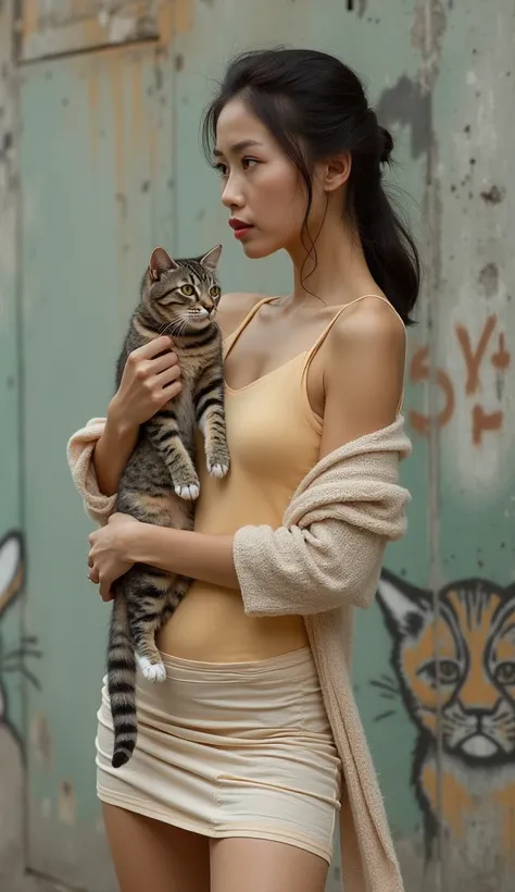 The Asian woman carries a cat, facing slightly to her right, her right arm bent at the elbow, raising her hand close to her face, while her left arm relaxes by holding a draped fabric. Wearing a form-fitting bodice in bright and neutral tones, she has a sh...