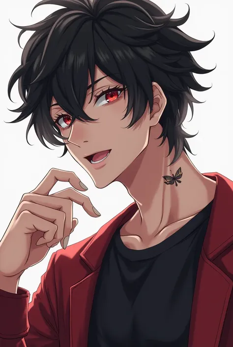 Super attractive male character ,  black hair , ojos color rojo,  who dresses in a great way and always wears t-shirts with sleeves , high rise,  his semi-muscular body and with a small tattoo on his neck and that is an anime version 