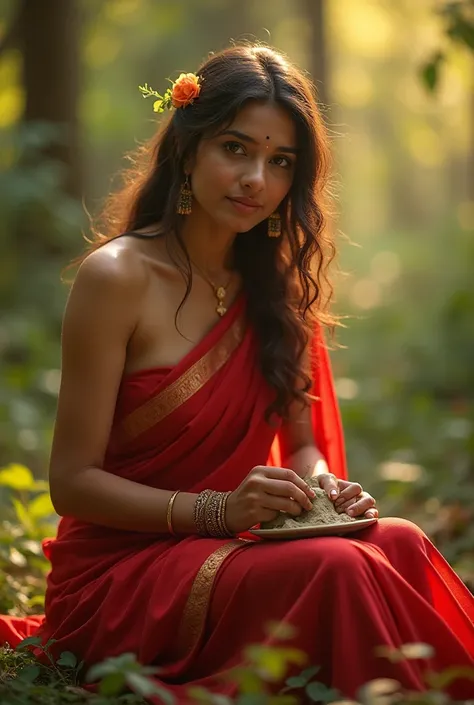 A beautiful young Indian woman with glowing skin and soft, expressive eyes, wearing a simple but elegant red saree, sitting in a lush forest. She is sculpting a  out of clay with delicate hands. The scene has warm, golden sunlight filtering through trees, ...