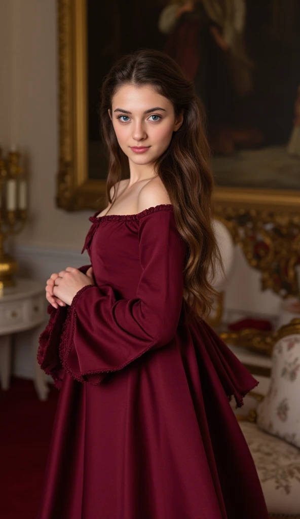 photo of a very beautiful young women, a Spanish princess, her hair is wavy brunette,light blue eyes, wearing a long slim silk maroon and long flounce sleeve dress 