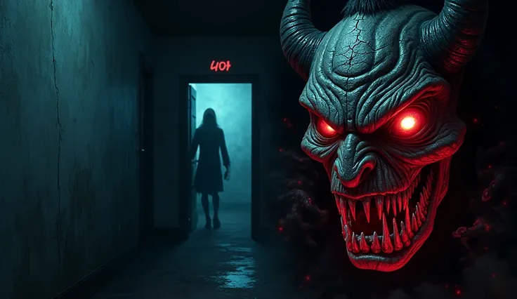 "A terrifying, haunted hotel thumbnail featuring a dimly lit hallway with a slightly open door labeled ‘404’. A shadowy figure stands behind the door, its glowing red eyes piercing through the darkness. The walls are scratched with deep claw marks, and eer...