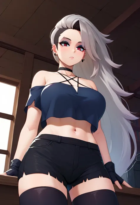 score_9, score_8_up, score_7_up, score_9,4k, HD, 8k, highres, antialiasing, detailed, texture, cinematic lighting, BREAK  LoonaSDXL, 1girl, solo, long hair, looking at viewer, shirt, red eyes, thighhighs, gloves, navel, bare shoulders, jewelry, very long h...