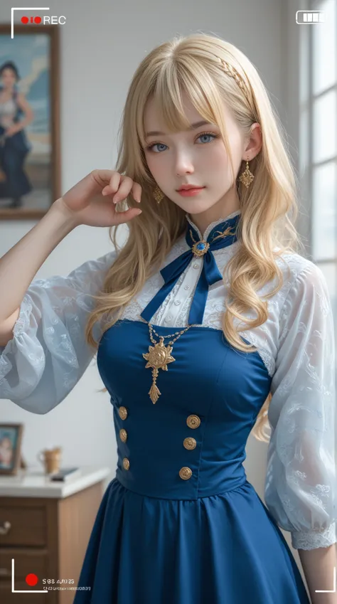  realistic， Height Detailed Beautiful Woman's Head ， Long blonde hair ，she的臉清晰可見，（ On a Body Fully Fixed in Navy Blue Dress：3） blue and gold trim ，she（face camera：3），she的臉和眼睛， neck normal ， Hands Correctly Formed With Only 4 Fingers and Thumbs （ Neon Outli...