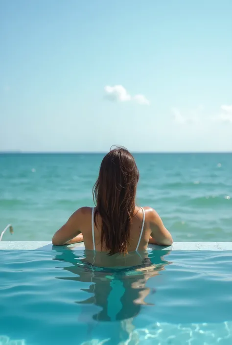 Luxury resort. Russian woman relaxing in infinity swimming pool. Beautiful model enjoying summer travel vacation, at sea view. Banner for header, copy space. Poster for YouTube channel.create a banner size 2560×1440