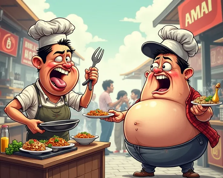 Design a character . The Stressed Street Food Vendor (Caricature Style)
A humorous caricature of a busy street food vendor juggling multiple orders in a chaotic setting. The vendor is chubby with a big belly (or super thin with extra-long arms for contrast...