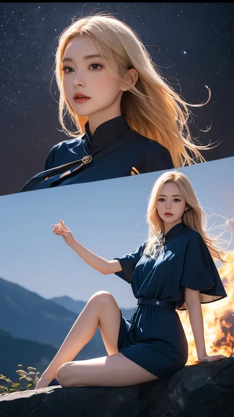  realistic， Height Detailed Beautiful Woman's Head ， Long blonde hair ，she的臉清晰可見，（ On a Body Fully Fixed in Navy Blue Dress：3） blue and gold trim ，she（face camera：3），she的臉和眼睛， neck normal ， Hands Correctly Formed With Only 4 Fingers and Thumbs （ Neon Outli...