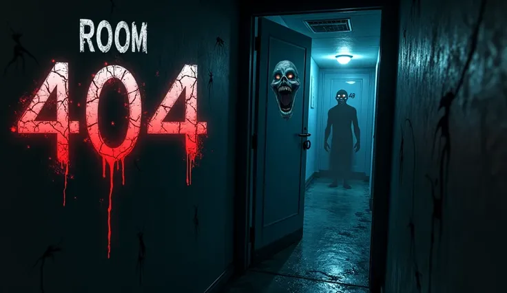 "A terrifying, haunted hotel thumbnail featuring a dimly lit hallway with a slightly open door labeled ‘404’ written in blood red. A shadowy figure stands behind the door, its glowing red eyes piercing through the darkness. The walls are scratched with dee...