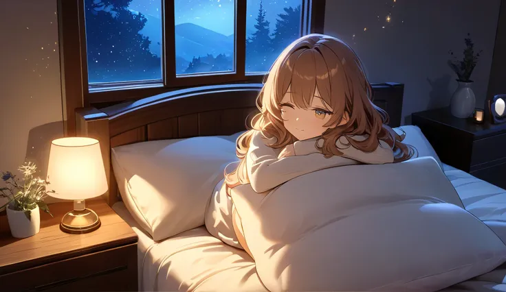 "Ultra-detailed, high-resolution artwork of a peaceful and cozy bedroom at night, illuminated by soft, warm fairy lights and a small bedside lamp. A young girl with long, wavy hair sits on a plush bed, hugging a pillow while gazing at the starry sky throug...