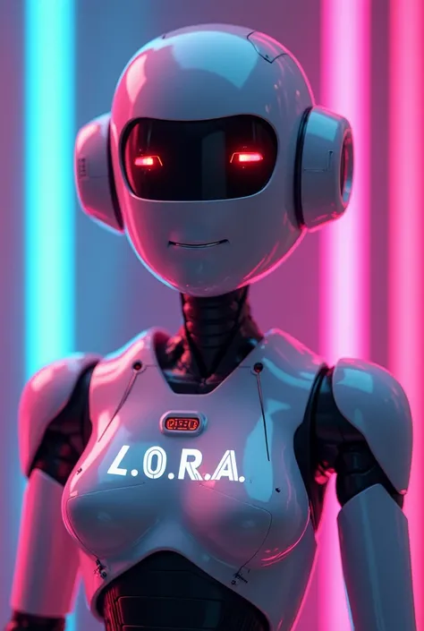 Futuristic, charismatic, and kind robot with warm, friendly features in a medium shot, wearing a sleek, minimalistic futuristic suit with the text "L.O.R.A." prominently displayed on its chest. The robot has a subtle, inviting smirk and glowing LED eyes, w...