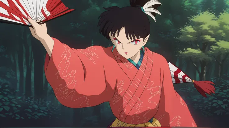 score_9, score_8_up, score_7_up, source_anime,
inuyashakagura, kagura, black hair, hair ornament, red eyes, pointy ears, makeup, feathers, feather hair ornament, ponytail,
jewelry, earrings, japanese clothes, kimono, makeup, hand fan, folding fan, red kimo...