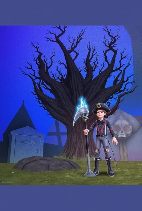 Young Male, dead tree, grave, striped vest, skull bow tie, red eyepatch, tricorne hat with skull gem, biker boots, glowing blue skull scythe, red dragon eyes