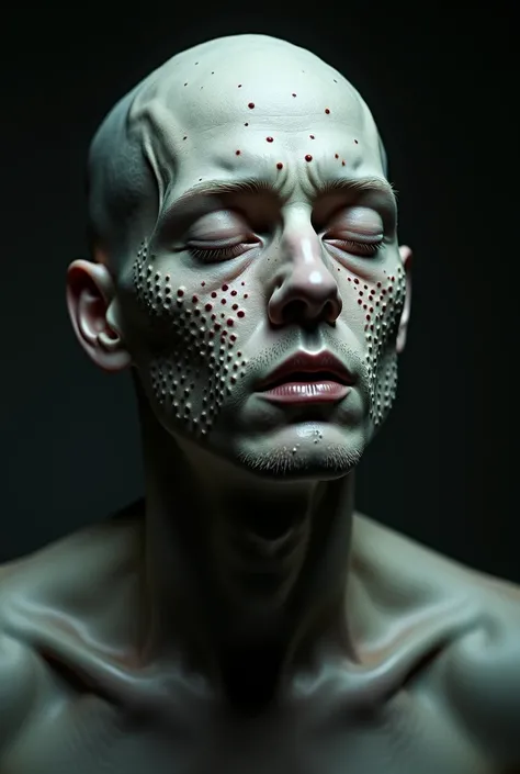 Picture of a person with trypophobia skin, atmosphere in a dark room 