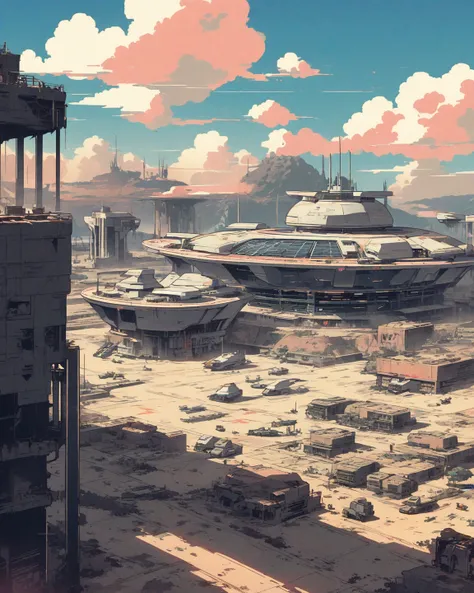 Futuristic Air Base Military. Island.Retro anime style. 80's. 2D. Post apocalypse. 