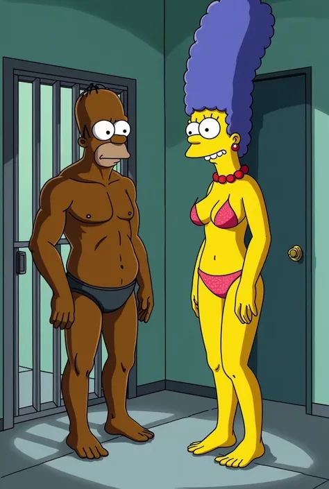 Marge sweaty naked with a big black guy in prison and Homer watching from the outside angrily