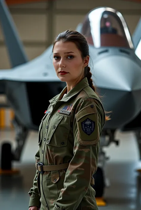 Beautiful woman in military uniform next to an f-22 raptor in a military barracks
