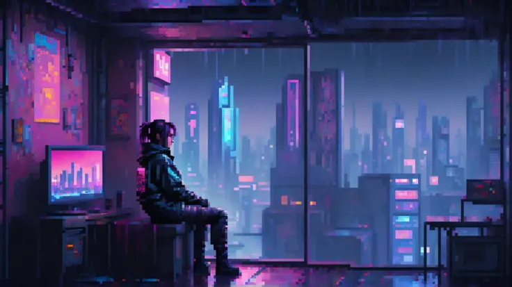 daydreamer sitting behind window in the cyberpunk apartment, rain and neons outside, pixel art, 8bit wallpaper, epic scene, perfect dark colour grading