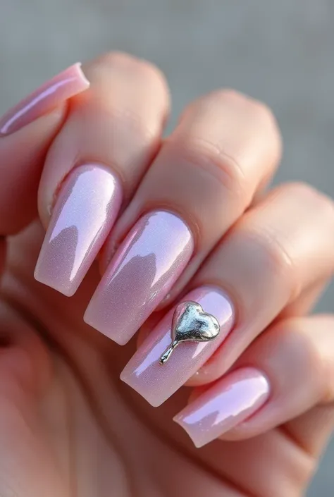 "Short, square nails with a soft pink chrome base, featuring holographic silver ‘dripping’ heart designs melting down from the cuticles. The nails shimmer under different angles, giving an ultra-modern Valentine’s vibe."

