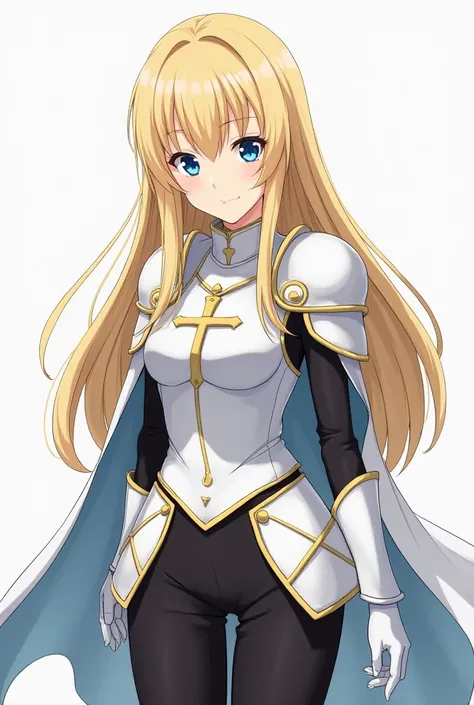 mature woman, adult woman, long blonde hair, blue eyes, black pupils, bang in front of forehead, white knight female armor, black undershirt, black leggings, gold cross on chest plate, white cape, anime