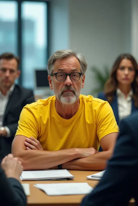 A medium size guy with little hair and spectacles wearing yellow t shirt looks grumpy in a meeting with people in office outfits 