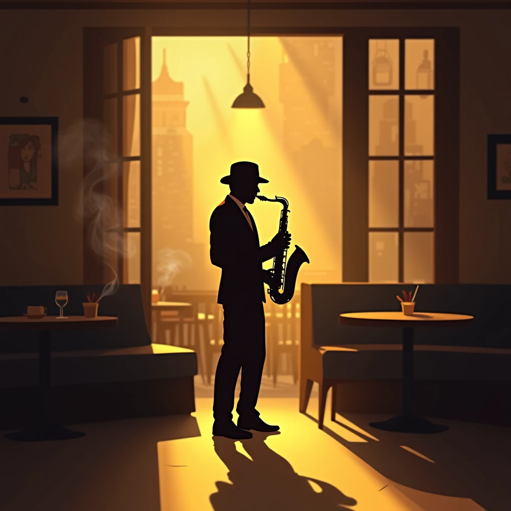 silhouette of a jazz saxophonist playing in a dimly lit café, soft warm lighting casting long shadows, smoky ambiance with subtle golden and brown hues, flat vector illustration, minimalist and sophisticated design, timeless and elegant vibe
