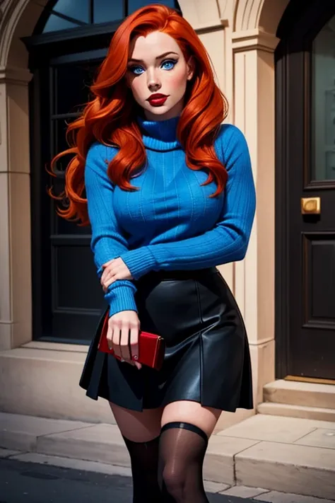 A beautiful female whose facial features are a combo of Madelaine Petsch + Molly C. Quinn + Karen Gillan + Shay Laren. The female has ginger hair. The female has blue eyes. The female has faint freckles. The female wears a blue sweater and a black skirt an...