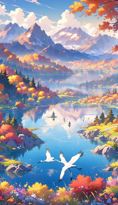 Animated, exquisitely detailed, colors are bright and deep, pastel and dramatic, bright and colorful background. A breathtaking morning. Looking out over a tranquil flower field. Vibrant wildflowers bloom in the foreground, and snow-capped mountains can be...