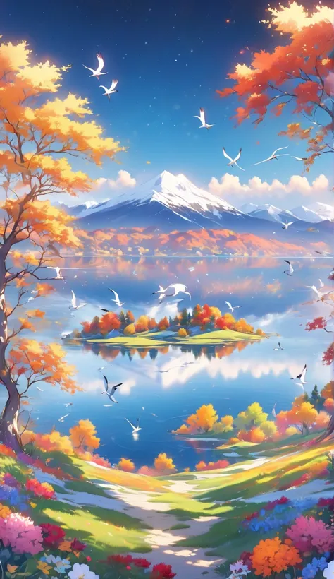 Animated, exquisitely detailed, colors are bright and deep, pastel and dramatic, bright and colorful background. A breathtaking morning. Looking out over a tranquil flower field. Vibrant wildflowers bloom in the foreground, and snow-capped mountains can be...