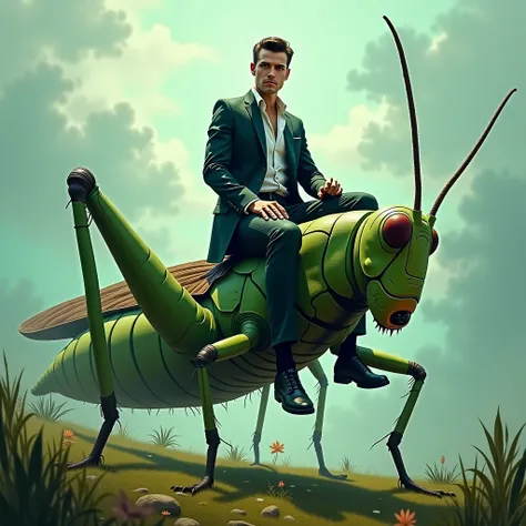 A very handsome man on top of a giant grasshopper