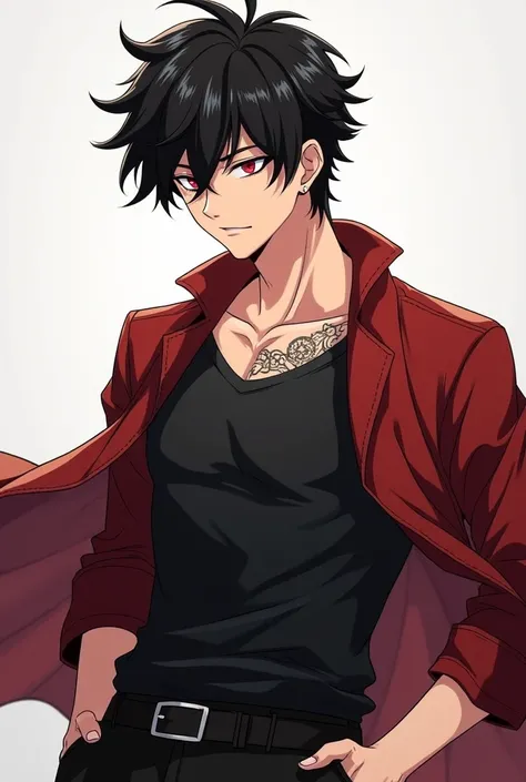 Super attractive male character , Rough,  black hair , ojos color rojo,  who dresses in a great way and always wears t-shirts with sleeves , high rise,  His muscular body , fair skin and Mafia style and with a small tattoo on the neck and that is an anime ...