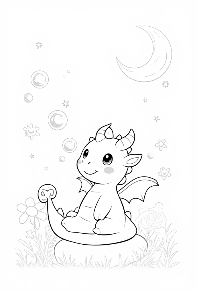 A tiny, chubby Kawaii-style dragon with small wings and big, shiny eyes, happily blowing bubbles into the air. The bubbles float gently, reflecting tiny star shapes. The dragon has soft, rounded horns and a playful smile. The background features a magical ...