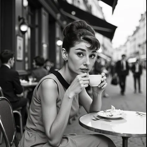 (Full body shit), Audrey Hepburn elegantly dressed, sitting outside at a french cafe, sipping on an espresso, sex smile, flirtatious smile, black and white photograph from the sixties, 1girl, old photograph, high-quality analog photograph, using a kodak po...