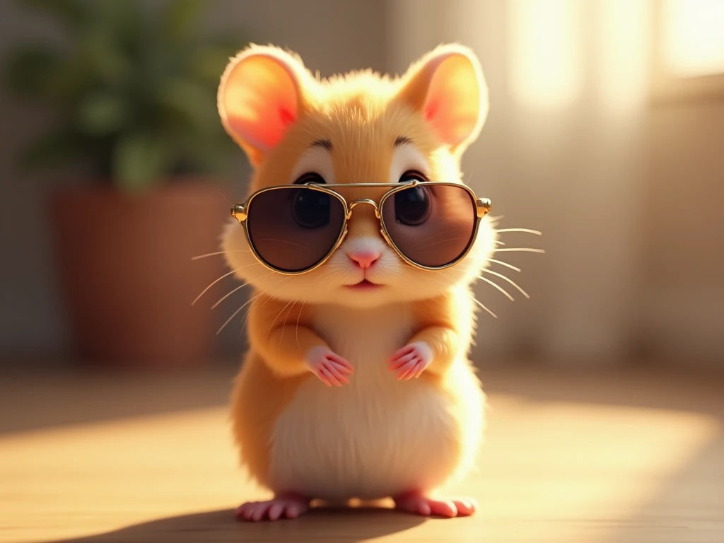 A tiny hamster wearing cool aviator sunglasses stands on its hind legs, looking confident and stylish. The soft lighting highlights its tiny paws and whiskers, making it the cutest little trendsetter.