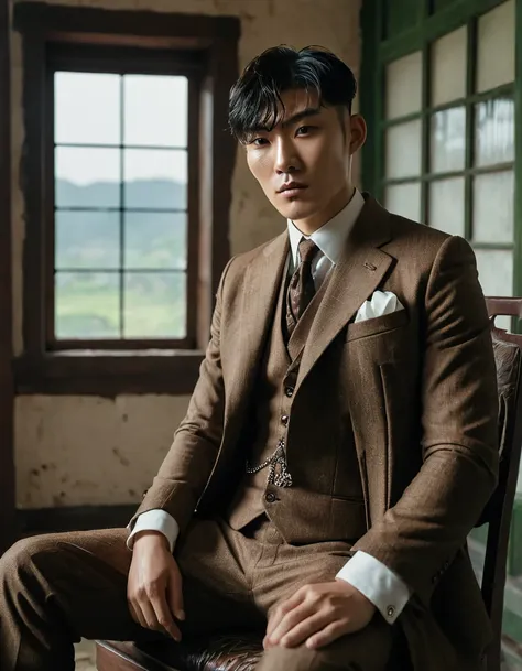 arafed man sitting in a chair in a room with a window, key still, mid shot portrait, editorial photograph, shot with canon eoa 6 d mark ii, daoshi, costumes from peaky blinders, wearing a worn out brown suit, inspired by Zhang Han, photoshoot, in style of ...