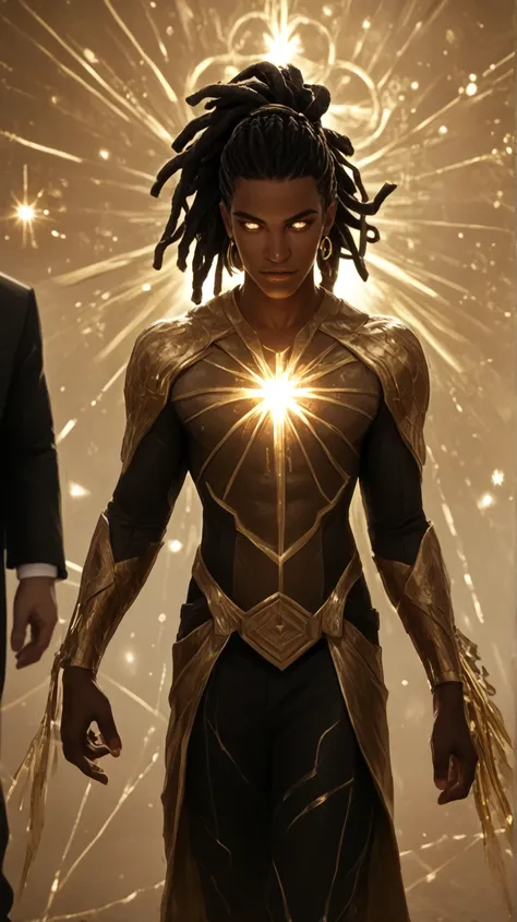 A faceless man with radiant star skin and dreadlocks wearing a suit with geometric patterns, his arms out starch hand poms open, walking forward through a uenvers, cinematic glowing long dread lock hair, glowing face