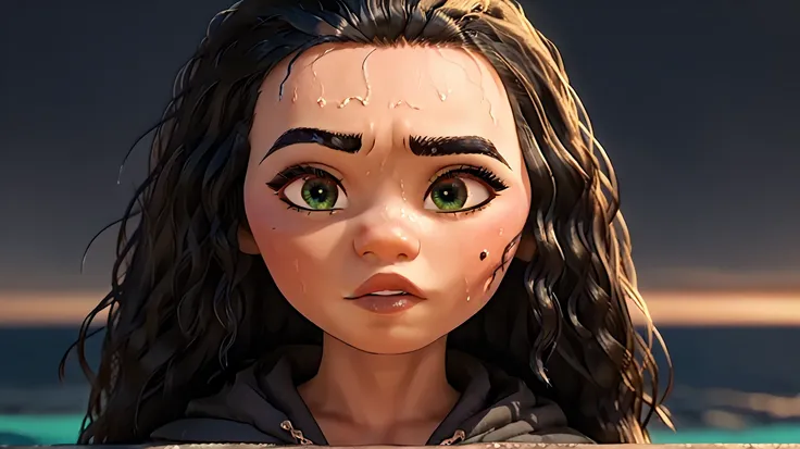     A sexy Moana girl in a neon greenish bikini and a black hoodie with gold designs, standing in a dimly lit room. The hoodie covers her shoulders, and her dark hair and piercing green eyes stand out. She looks directly into the camera, with a mysterious,...