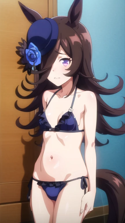 an anime young girl has long dark hair and her body is partially in shadow, 1girl, rice shower (umamusume), horse ears, solo, animal ears,  hair over one eye, bikini, horse tail, horse girl, tail, long hair, collarbone, looking at viewer, nude,rice shower ...