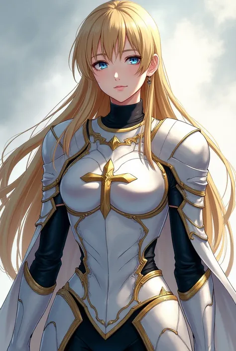 mature woman, adult woman, long blonde hair, blue eyes, black pupils, bang in front of forehead, white knight female armor, black undershirt, black leggings, gold cross on chest plate, anime