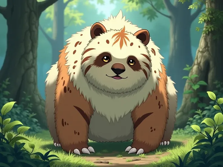 anime style image: a hybrid, a fusion of a sloth, a bear and a tiger, white fur with brown spots, in a forest.