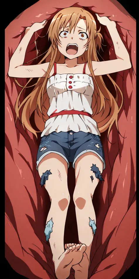 anime screencap, asuna, everyday casual outfit, barefoot, fullbody, sole feet, inside a stomach
stomach interior, open mouth, front view shot,  severely damaged clothes, bare arms, screaming,