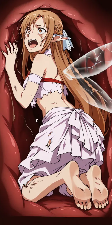 anime screencap, asuna, titania outfit, transparent wings, barefoot, fullbody, sole feet, inside a stomach
stomach interior, open mouth, front view shot,  severely damaged clothes, bare arms, screaming,